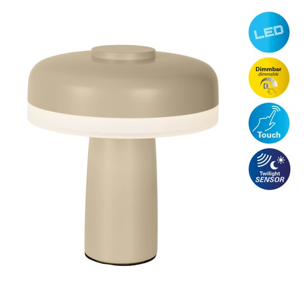 Akku-Tischleuchte PILU, 16,5 cm hoch, oben Ø von 15 cm, Metall in der Farbe Frost Allmond, weißer Kunststoff, integrierten LEDs,280 Lumen, dimmbar per Berührungssensor, warmweiß