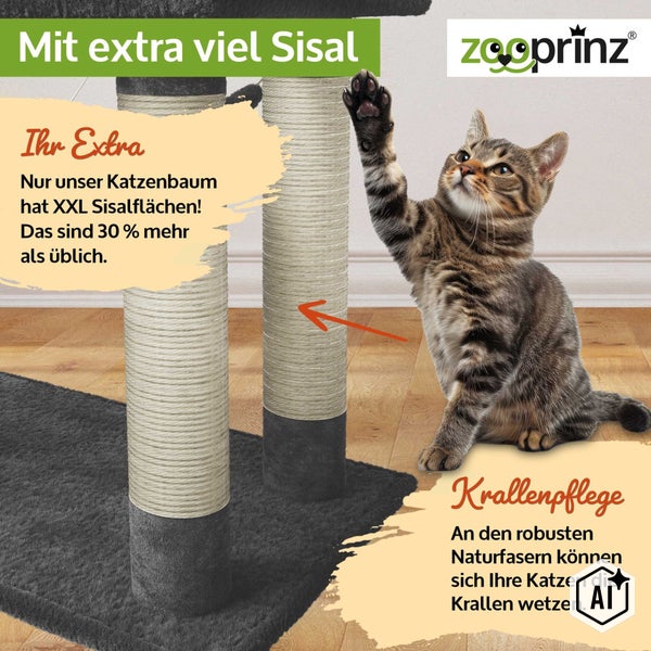 Katze kratzt an einem Kratzbaum mit großen Sisalstämmen der Marke Zooprinz zur Krallenpflege.