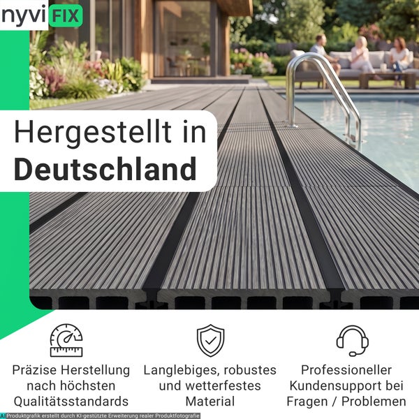 Terrassendielen aus Verbundwerkstoff am Pool, hergestellt in Deutschland, mit Symbolen für Qualität, Langlebigkeit und Kundenservice.