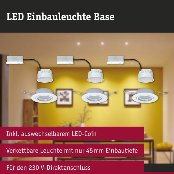 LED Einbauleuchten Set Base inklusive auswechselbarem LED-Coin, verkettbar, 45 Millimeter Einbautiefe, für 230 Volt Direktanschluss.