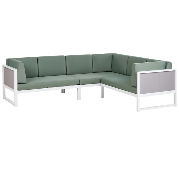 Gartenecklounge mit weißem Rahmen und grünen Polstern