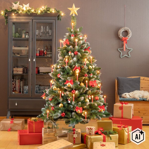 Ein geschmückter Weihnachtsbaum mit Lichterkette und Dekoration in einem weihnachtlich dekorierten Wohnzimmer mit Geschenken auf dem Boden.