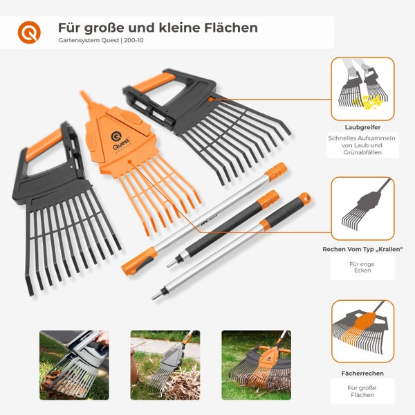 Gartensystem Quest für grosse und kleine Flächen mit Laubgreifer und Fächerrechen