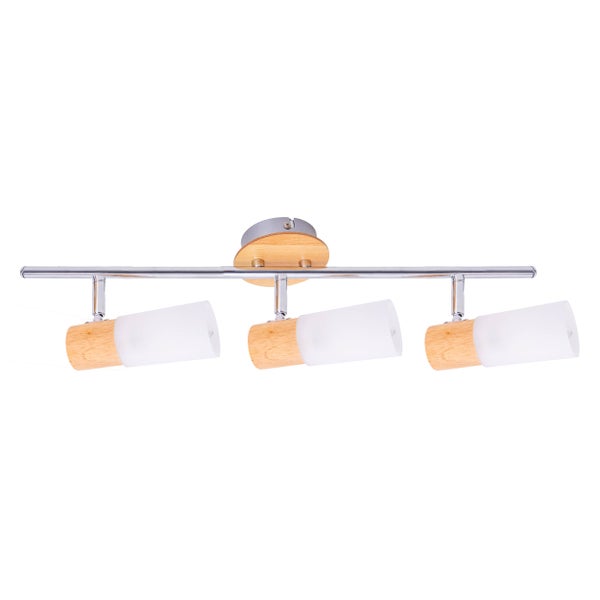 Deckenleuchte mit drei Strahlern, Holz und Chrom