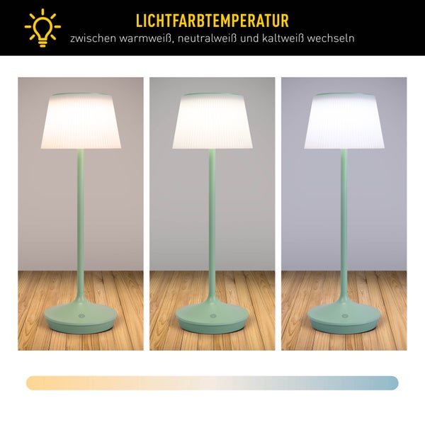 Solar-Akkutischleuchte EMMI  38 cm hoch, Schirm Ø 13 cm, Metall in Mint und weißer Kunststoff, für den Außenbereich, dimmbar CCT.