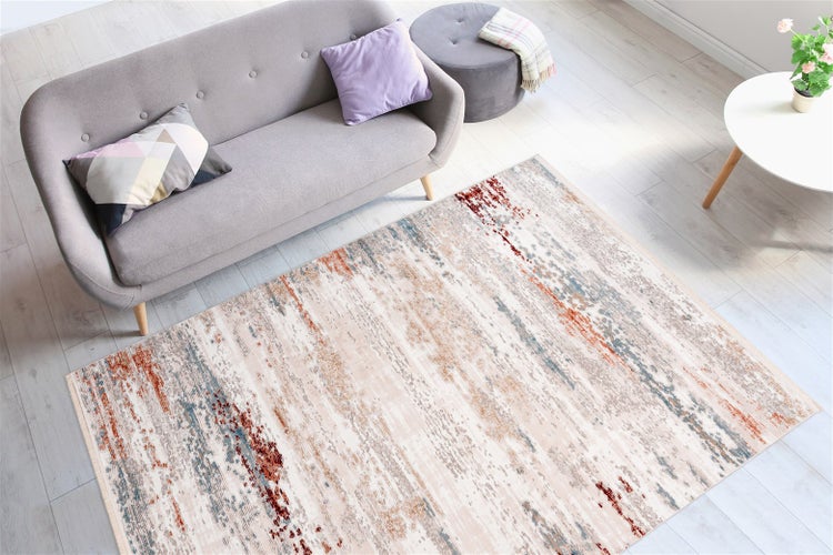 Kurzflor Teppich Celestia Grau / Lachsrosa Vintage-Design, Used-Look, Patchwork-Design 80 x 150 cm