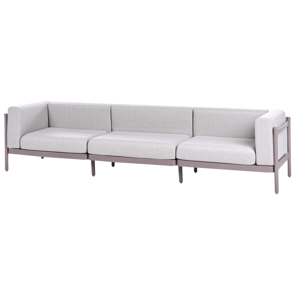 Modernes 3-Sitzer Gartensofa mit robustem Metallgestell und hellgrauen Stoffpolstern.