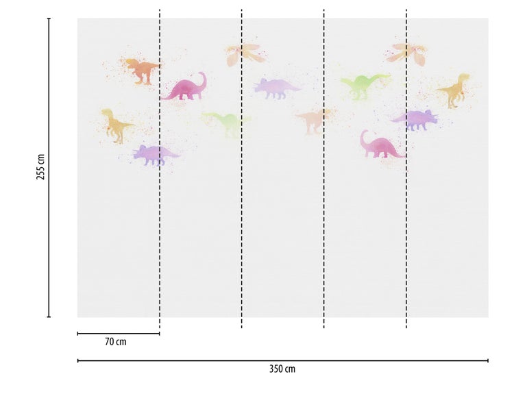 Vliestapete mit bunten Dinosaurier-Silhouetten im Aquarell-Stil, Maße 350 mal 255 Zentimeter, Bahnenbreite 70 Zentimeter.