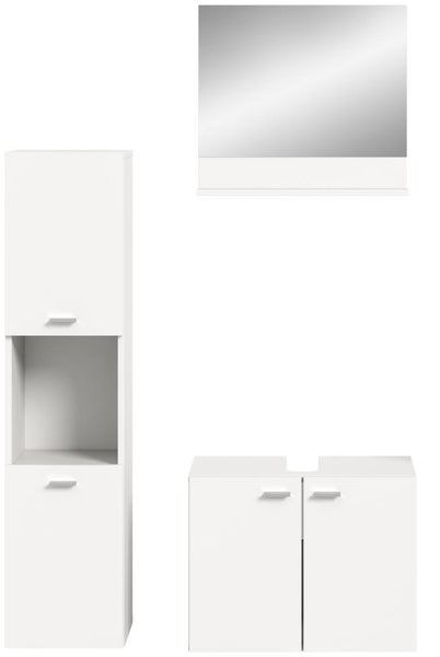 Dreiteiliges Badmöbel-Set in Weiß, bestehend aus Hochschrank mit offenem Fach, Waschbeckenunterschrank und Spiegel mit Ablage.