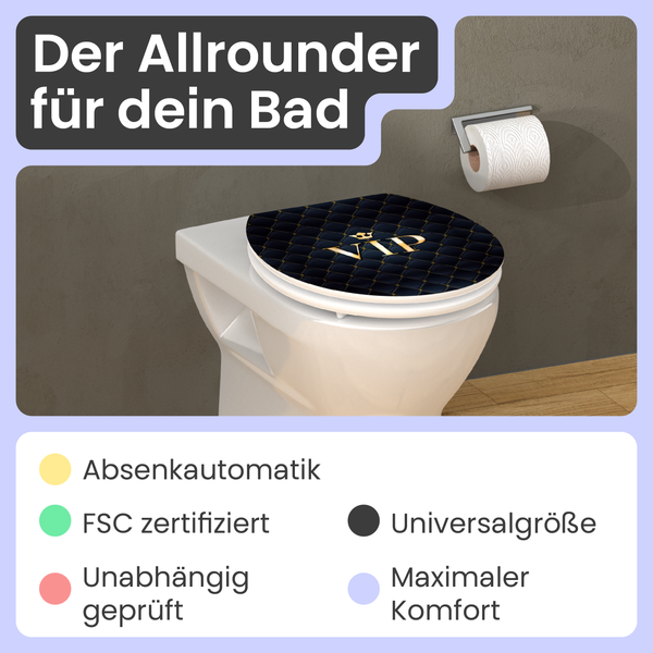 Toilettensitz mit Absenkautomatik und VIP-Motiv auf einem WC montiert