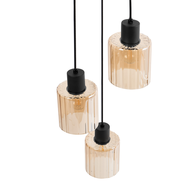 Hängelampe mit drei Glaslampenschirmen und schwarzer Aufhängung