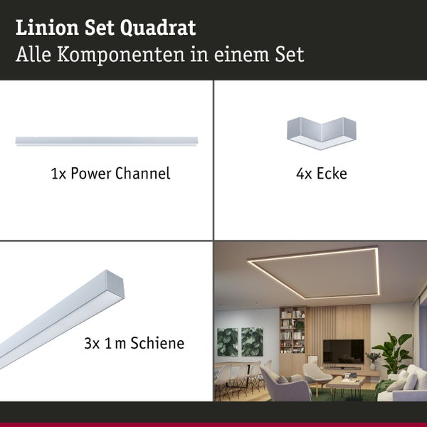Linion Set Quadrat bestehend aus einer Power Channel, vier Ecken und drei ein Meter Schienen für eine quadratische LED Deckenbeleuchtung.