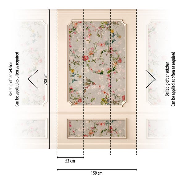 Fototapete mit Blumenmuster und Wandpaneel-Optik, Maße 159 mal 280 Zentimeter, Bahnbreite 53 Zentimeter, beliebig oft ansetzbar.