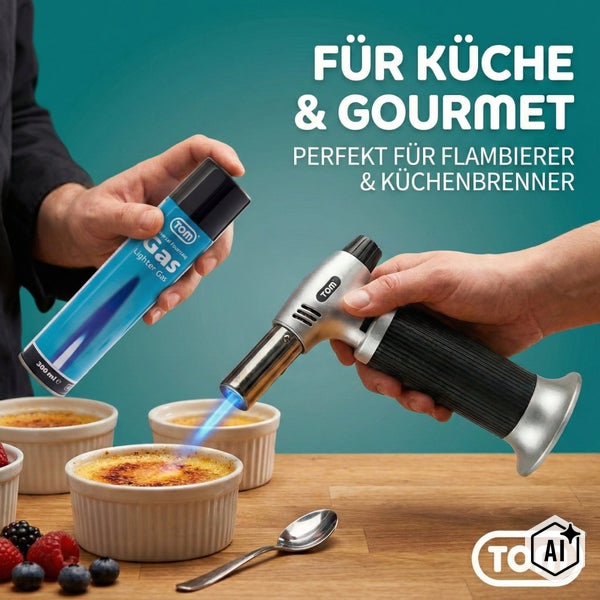 TOM Küchenbrenner mit Nachfüllgas für Crème Brûlée und Flambieren inklusive TOM Firmenlogo