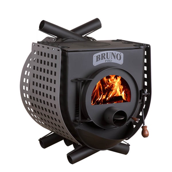 Bruno Pyro Holzofen mit Feuer sichtbar durch die Tür