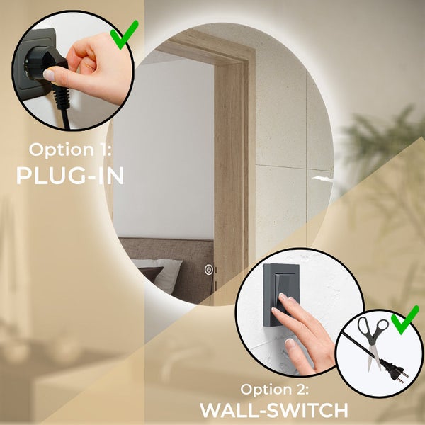 Runder LED Wandspiegel mit zwei Anschlussoptionen: entweder per Stecker in die Steckdose oder direkt über einen Wandschalter verkabelt.