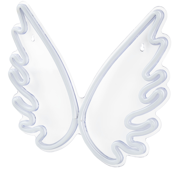 LED-Neon-Wandleuchte in Form von Engelsflügeln aus Kunststoff mit Aufhängelöchern.