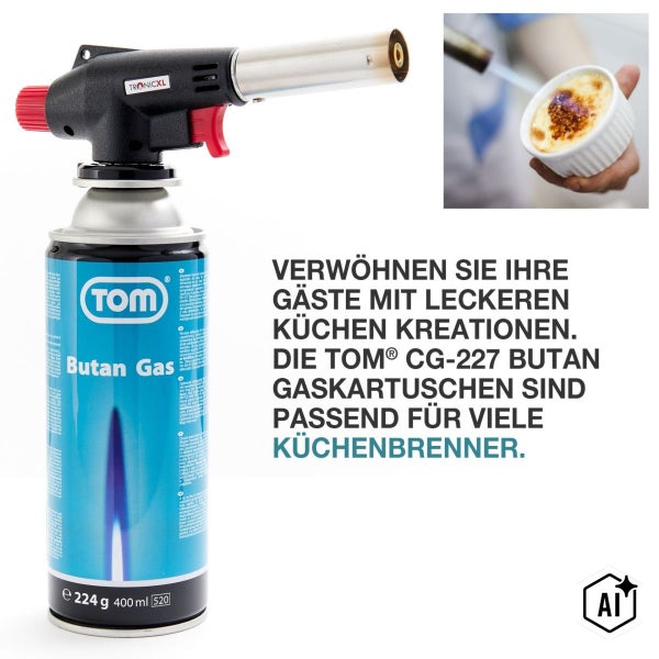 TOM Butangas Kartusche CG 227 mit 224 Gramm Inhalt und 400 Milliliter Volumen für Küchenbrenner.