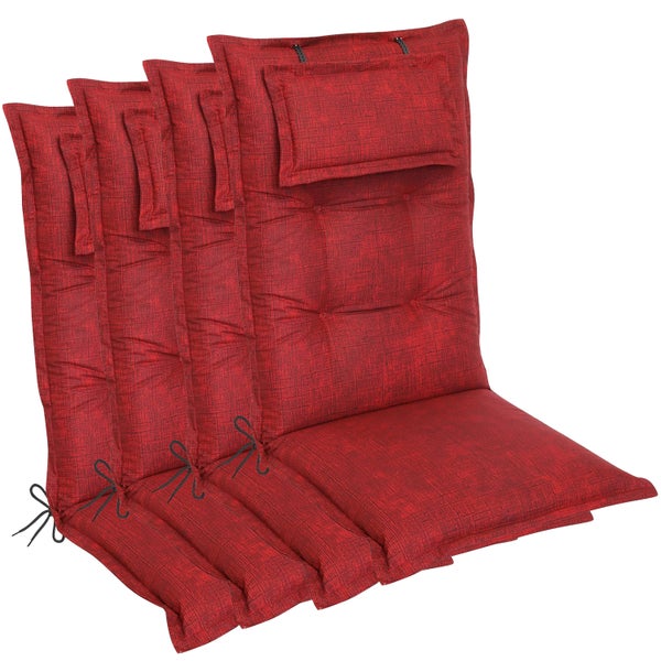 Vier rote Stuhlkissen mit Rückenlehne und Befestigungsbändern