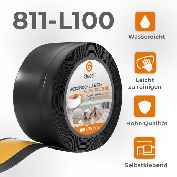 Quest Weichsockelleiste Selbstklebend, Breite Sockelleiste 100 x 25 mm, PVC Knickleiste für Wand, Boden, Flexibel, Schwarz, 1 Meter