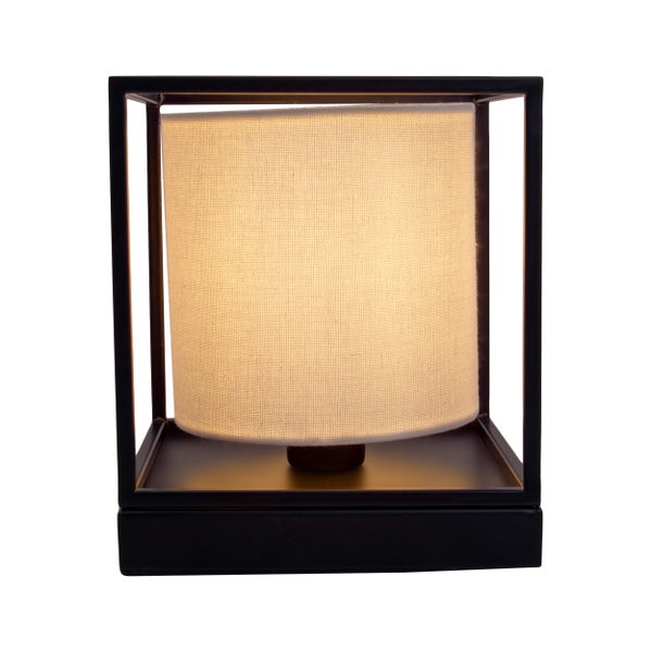 Tischleuchte mit Stoffschirm in einem Metallrahmen