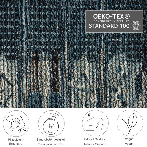 Strukturierte Teppichoberfläche mit OEKO-TEX Standard 100 Siegel, pflegeleicht, für Saugroboter geeignet, für Innen- und Außenbereich, vegan.