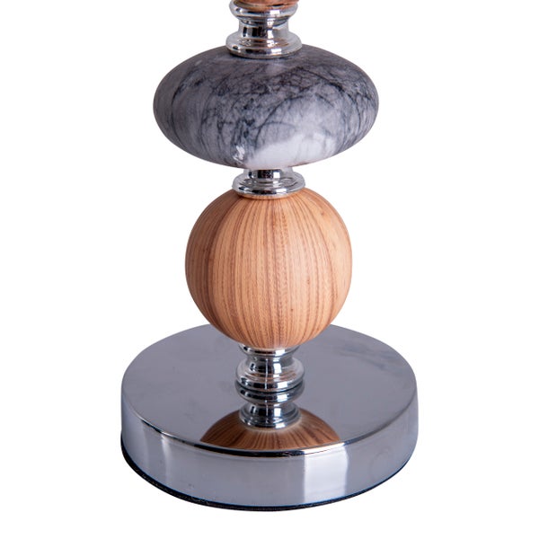 Tischleuchtenfuß mit runder Basis, Holzkugel und Dekoelement in Steinoptik
