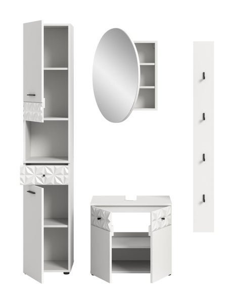 Badezimmermöbel Set bestehend aus Hochschrank, Waschbeckenunterschrank, Spiegelschrank und Garderobenpaneel in Weiß mit strukturierter Front.
