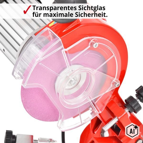 Detailsicht eines Doppelschleifers mit transparentem Funkenschutzglas über der Schleifscheibe für mehr Sicherheit.