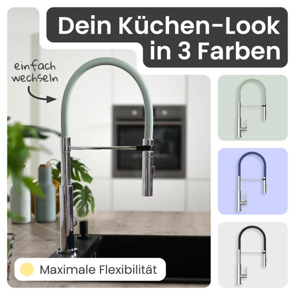 Küchenarmatur mit flexiblem Auslauf in einer modernen Küche, in drei Farben für maximale Flexibilität erhältlich.
