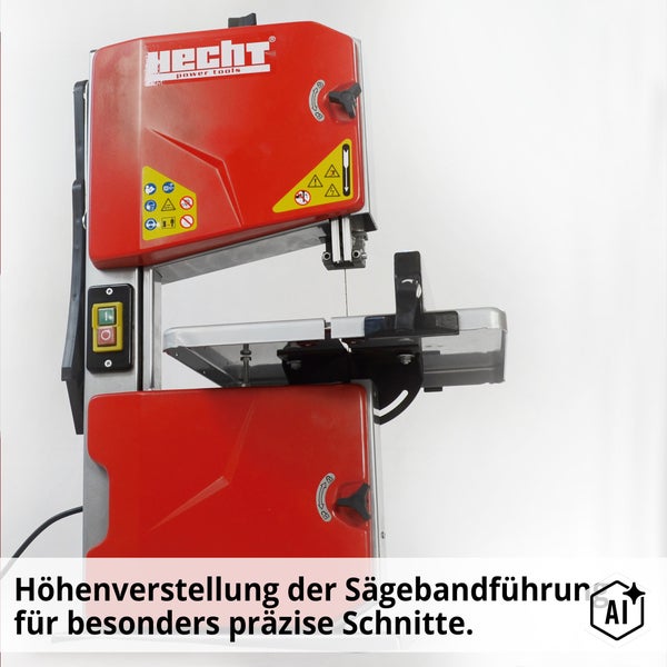 Hecht Bandsäge mit höhenverstellbarer Sägebandführung für präzise Schnitte inklusive Hecht Logo und Sicherheitshinweisen
