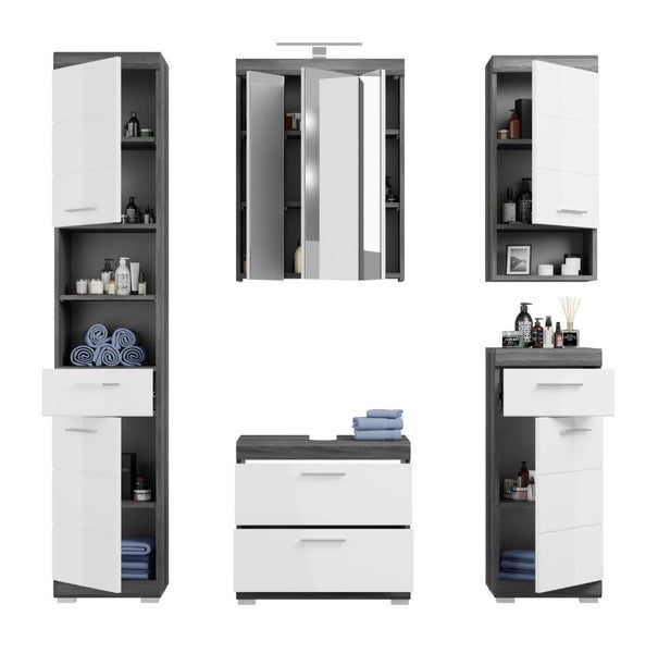 Badezimmermöbel-Set in dunkler Holzoptik mit weißen Hochglanz-Fronten, bestehend aus Hochschrank, Spiegelschrank und Waschbeckenunterschrank.