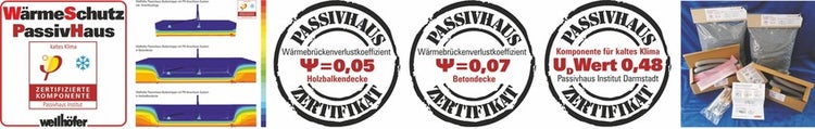 Wellhöfer Zertifizierungen für Passivhaus-Wärmeschutz mit Wärmeverlustkoeffizienten von 0,05 und 0,07 sowie Montagematerial.