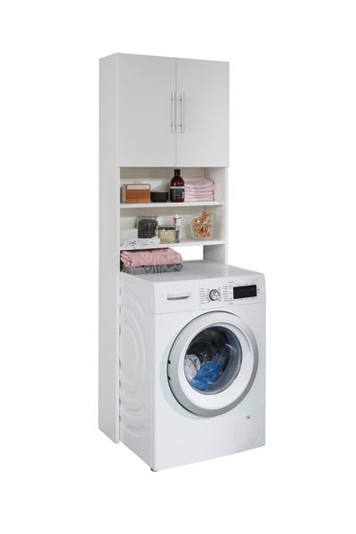 Waschmaschine mit passendem Waschmaschinenschrank und Ablagen für Waschmittel und Wäsche