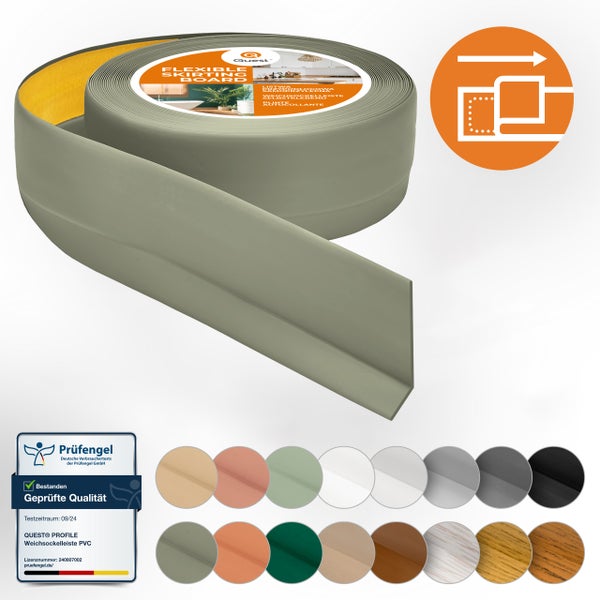Quest Weichsockelleiste Selbstklebend 50 x 20 mm, PVC Sockelleiste, Flexibel, Olivgrün, 25 Meter