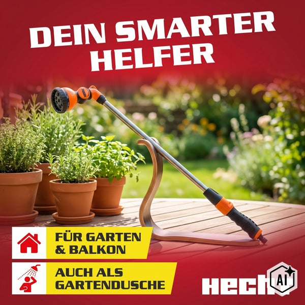 Gartensprühstab von Hecht für Garten und Balkon mit variabler Bewässerungsfunktion auf einem Holztisch neben Blumentöpfen.