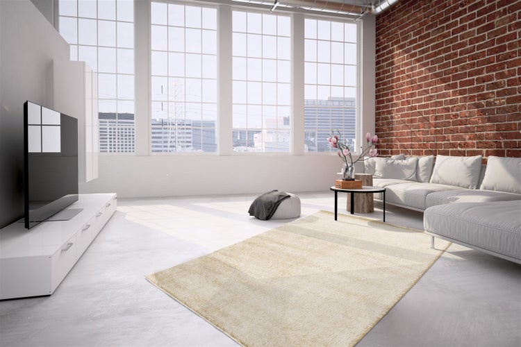 Helles Wohnzimmer im Loftstil mit Teppich, Sofa, Backsteinwand und großen Fenstern auf hellem Boden.