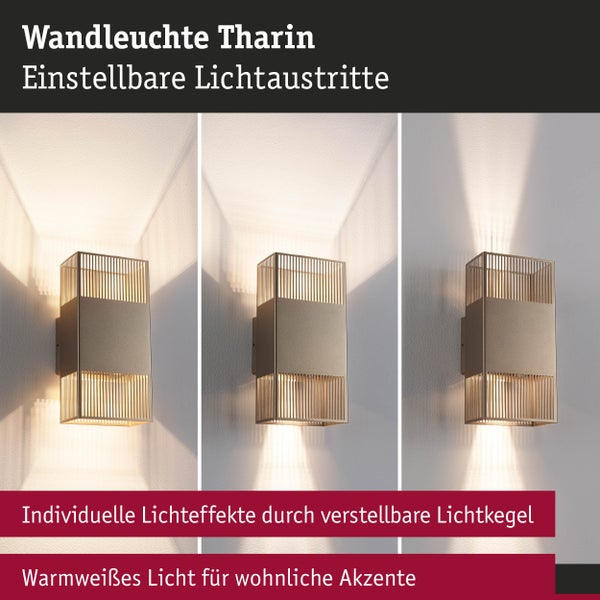 Wandleuchte Tharin mit einstellbaren Lichtaustritten für individuelle Lichteffekte und warmweißes Licht.