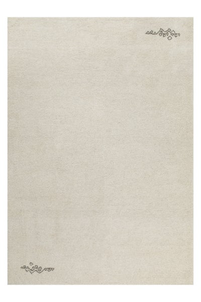 Rechteckiger Hochflor-Teppich in Hellbeige mit weicher Struktur und kleinen geometrischen Mustern in zwei Ecken.