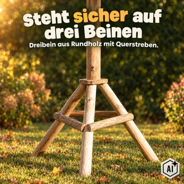 Dreibein aus Rundholz mit Querstreben zur sicheren Aufstellung im Garten.