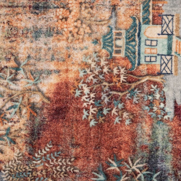 Nahaufnahme eines Teppichs mit orientalischer Landschaft, Bäumen und einer Pagode im Vintage-Stil.