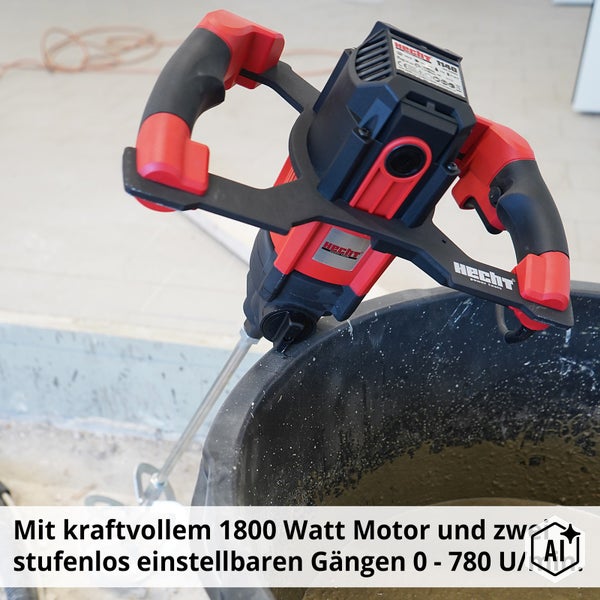 Hecht Rührwerk mit 1800 Watt Motor und zwei Gängen für Baumaterialien in einem Eimer.