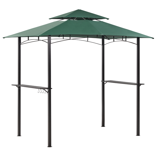 Detailansicht der Ecke eines grünen Sonnenschirms mit Stoffbespannung und einer Metallstrebe.