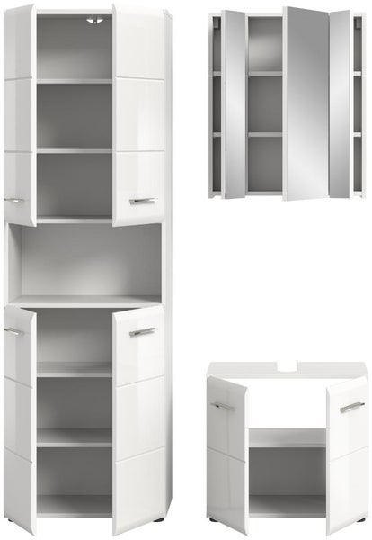 Dreiteiliges Badezimmermöbel-Set in Hochglanz-Weiß bestehend aus Hochschrank, Spiegelschrank und Waschbeckenunterschrank mit geöffneten Türen.