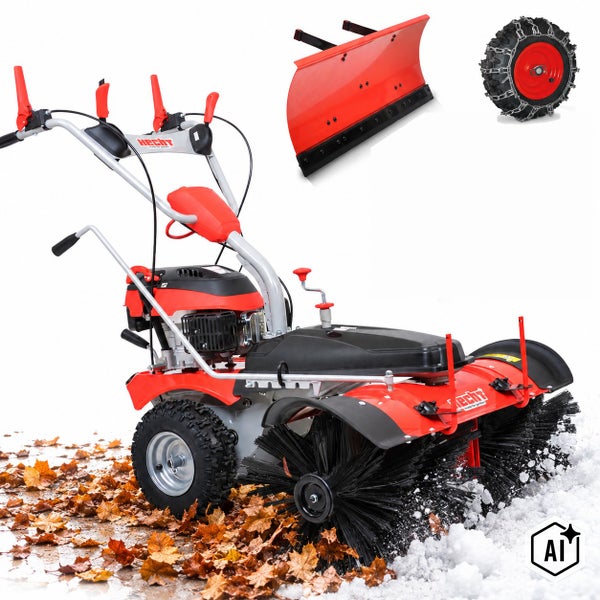 Hecht Kehrmaschine mit Benzinmotor, Schneeschild und Schneeketten zum Kehren von Laub und Schnee auf befestigten Wegen.