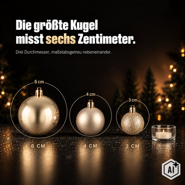 Drei Weihnachtskugeln im Größenvergleich mit 6 Zentimeter, 4 Zentimeter und 3 Zentimeter Durchmesser sowie ein Teelicht.