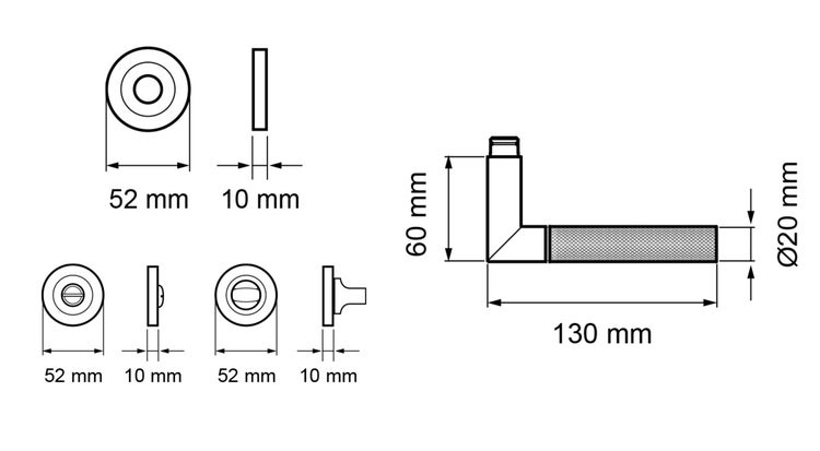 Maßzeichnung einer Türdrücker-Garnitur: Griff 130 Millimeter lang, 60 Millimeter hoch. Rosetten mit einem Durchmesser von 52 Millimetern.