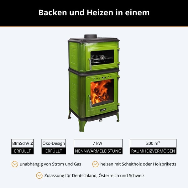 Grüner Kaminofen mit Backfach, 7 Kilowatt Nennwärmeleistung, 200 Kubikmeter Raumheizvermögen, erfüllt Emissionsschutz- und Ökodesign-Vorgaben.