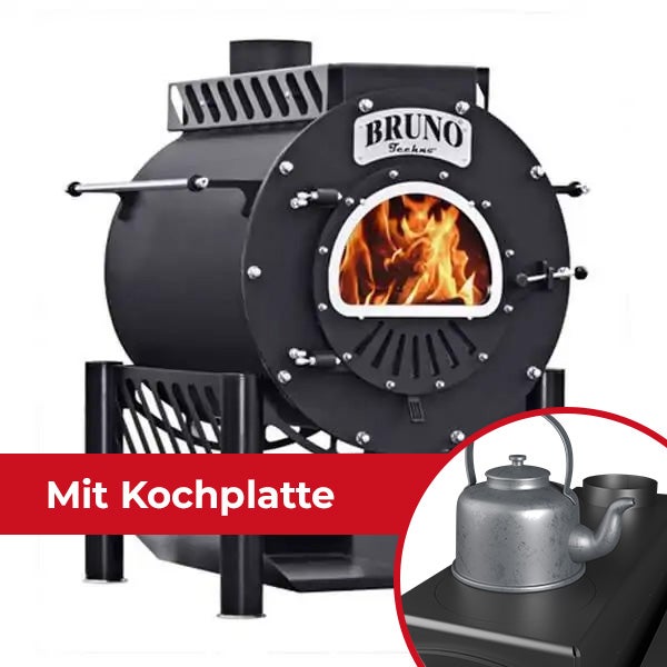 Schwarzer Bruno Techno Ofen mit Kochplatte und brennendem Feuer