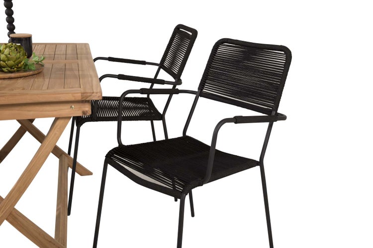 Kenya Gartenset Tisch 70x120cm natur, 4 Stühle Lindos schwarz. 70 X 120 X 75 cm